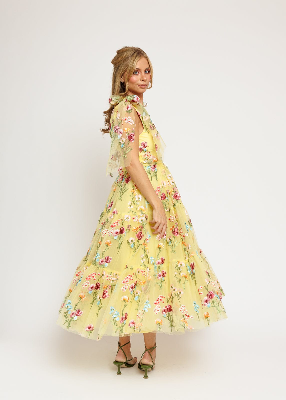 Margaret Floral Embroidered Midi Dress Yellow JessaKae