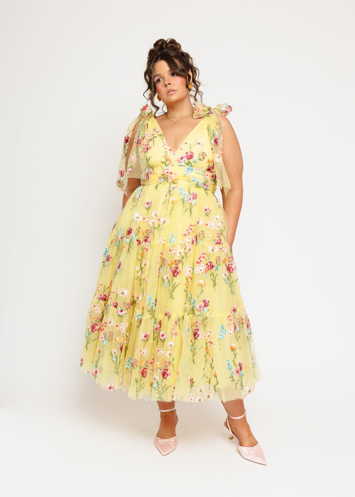 Margaret Floral Embroidered Midi Dress Yellow JessaKae