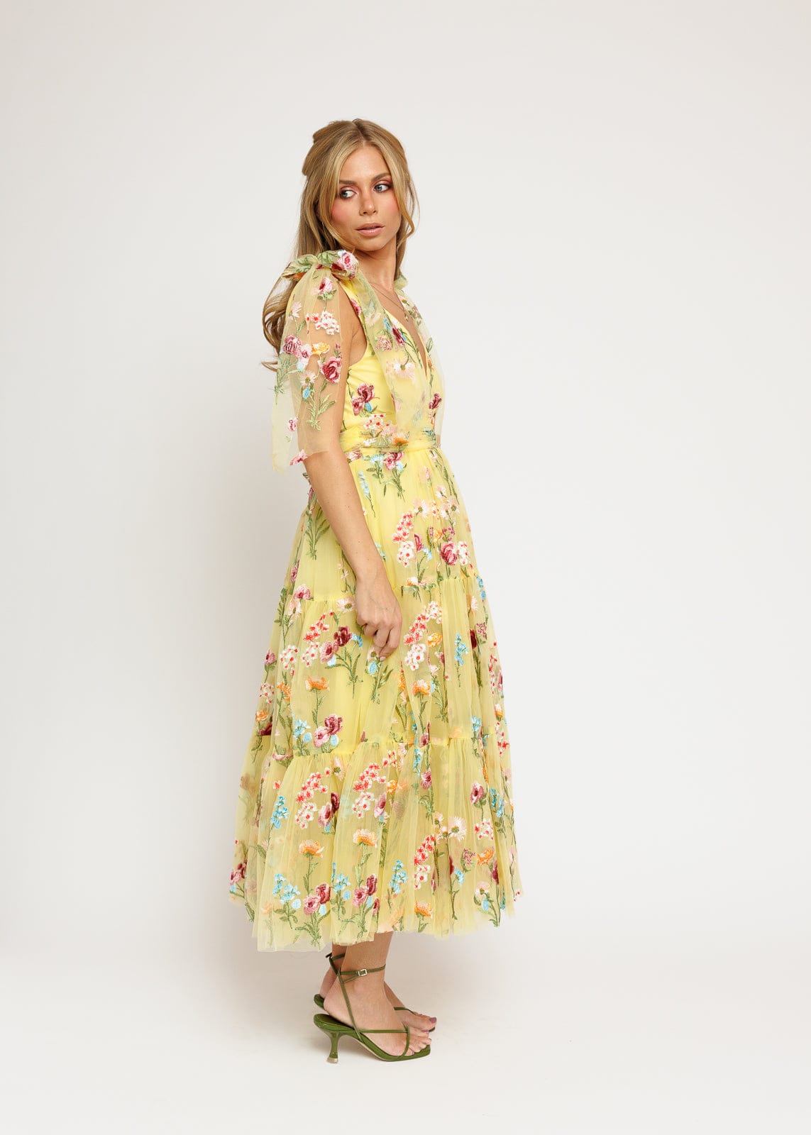Margaret Floral Embroidered Midi Dress Yellow JessaKae