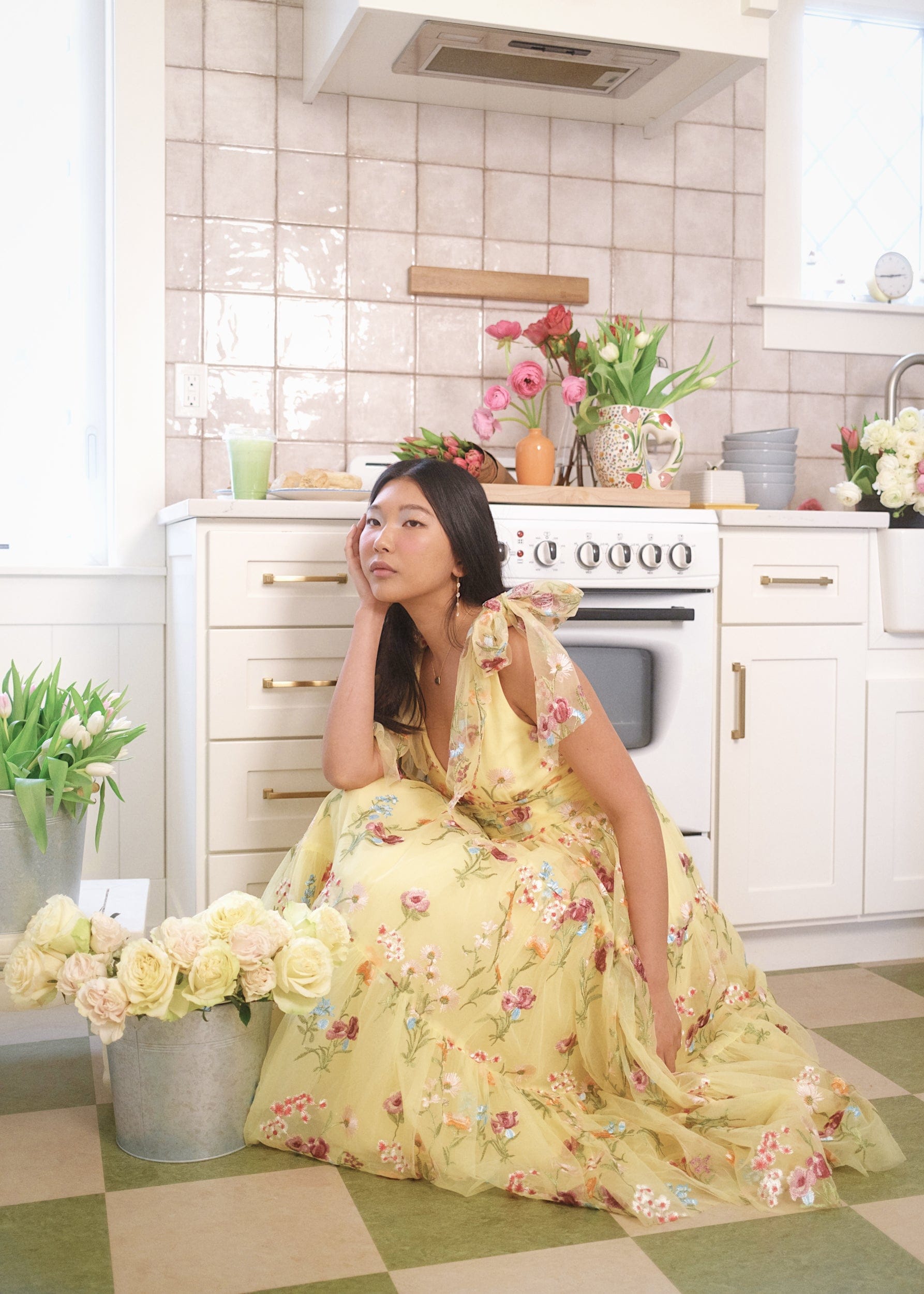 Margaret Floral Embroidered Midi Dress Yellow JessaKae