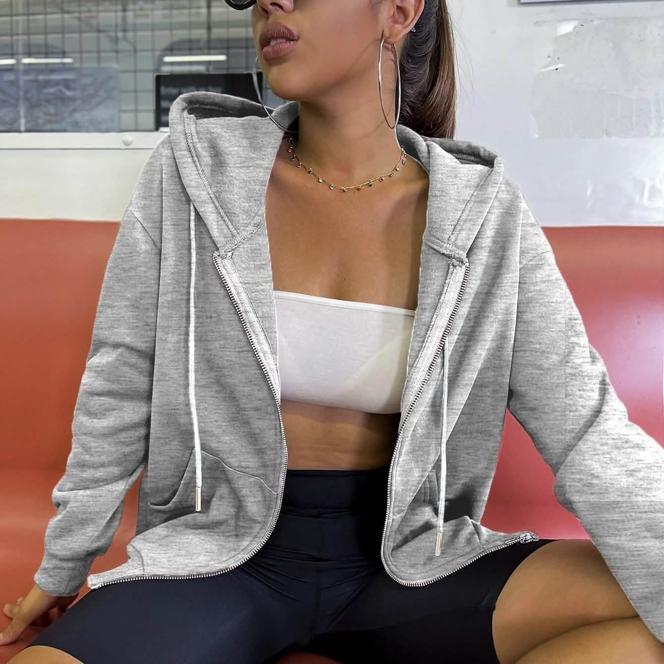 Kangaroo Pocket Drop Shoulder Zip-up Hooded Sweatshirt DailySale