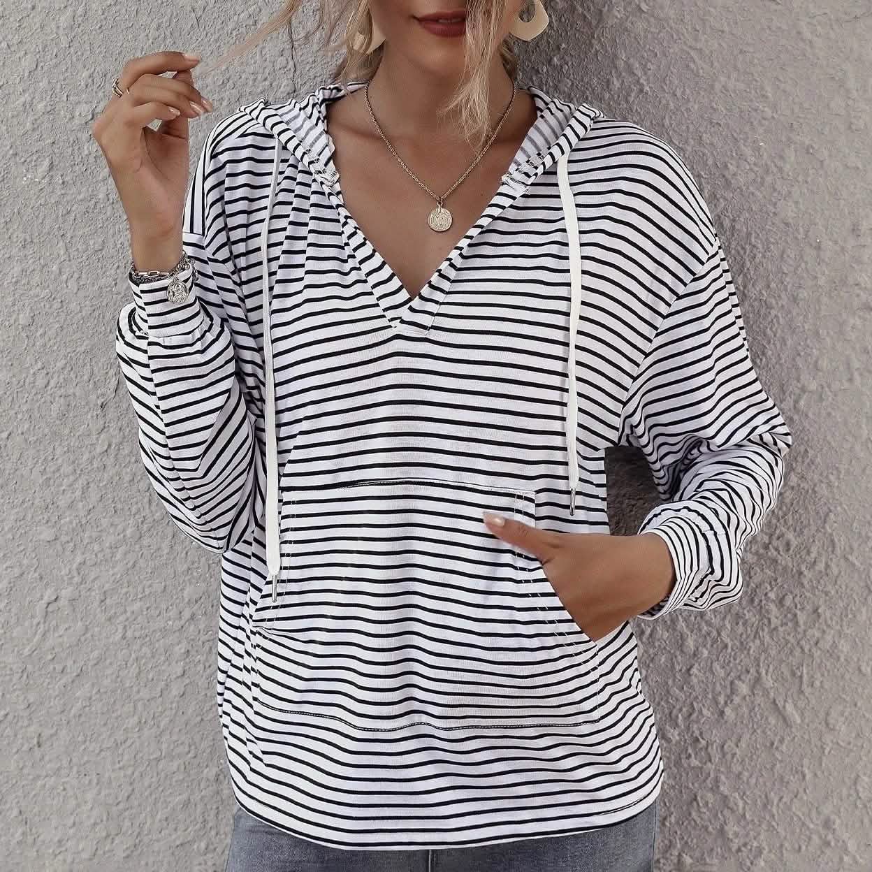 Kangaroo Pocket Striped Drawstring Hoodie DailySale