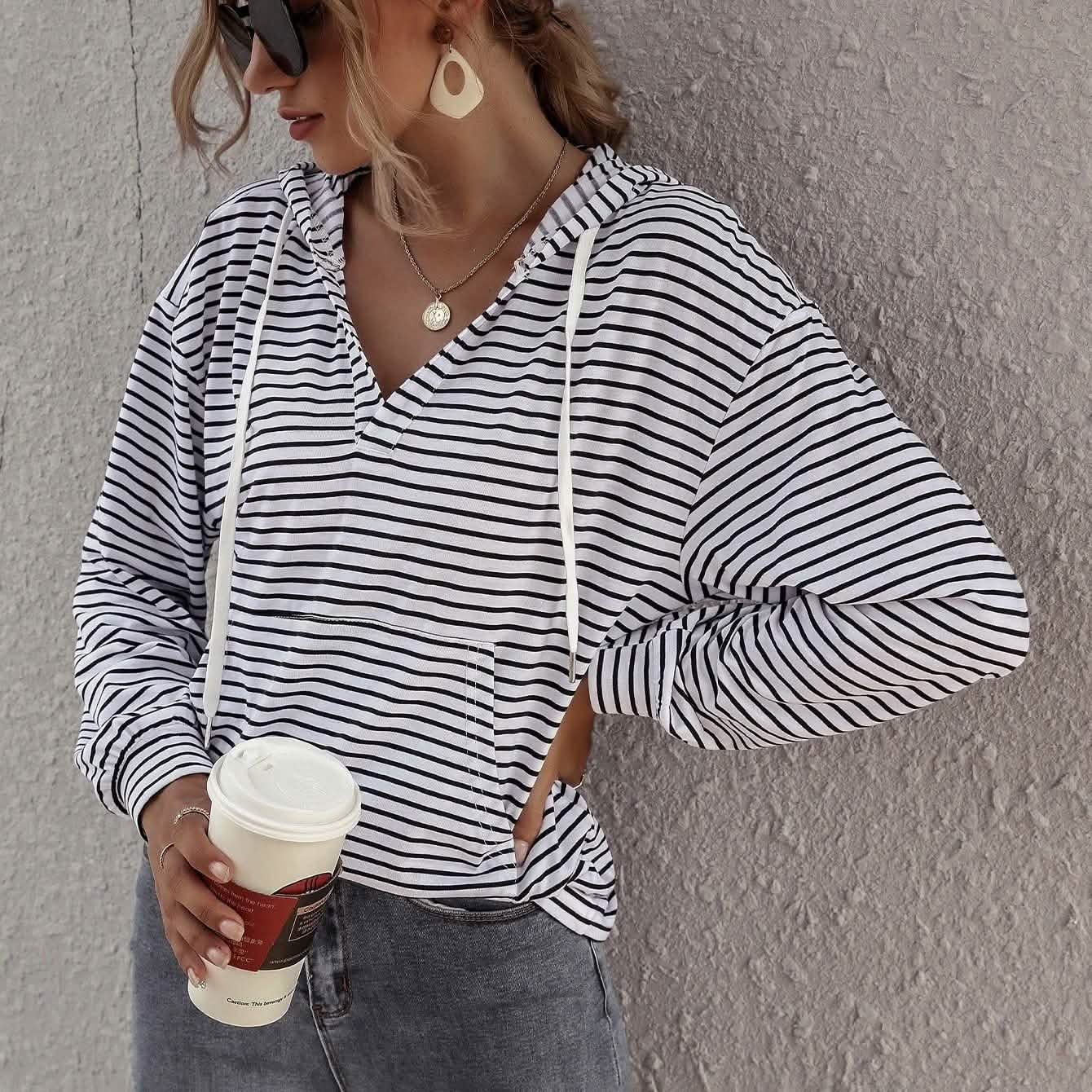 Kangaroo Pocket Striped Drawstring Hoodie DailySale