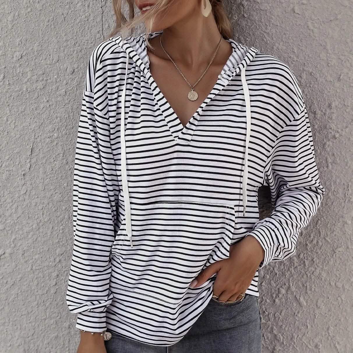 Kangaroo Pocket Striped Drawstring Hoodie DailySale