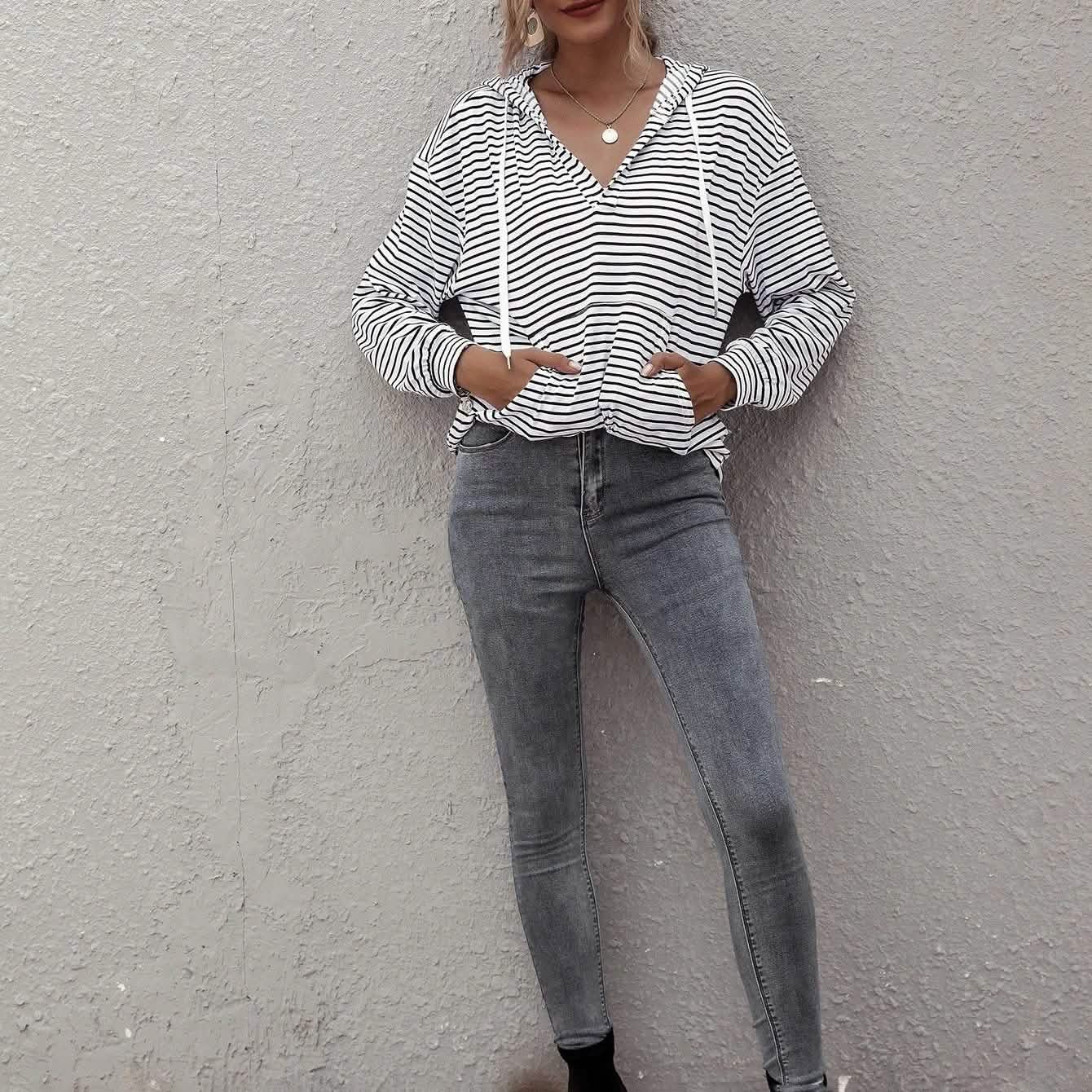 Kangaroo Pocket Striped Drawstring Hoodie DailySale