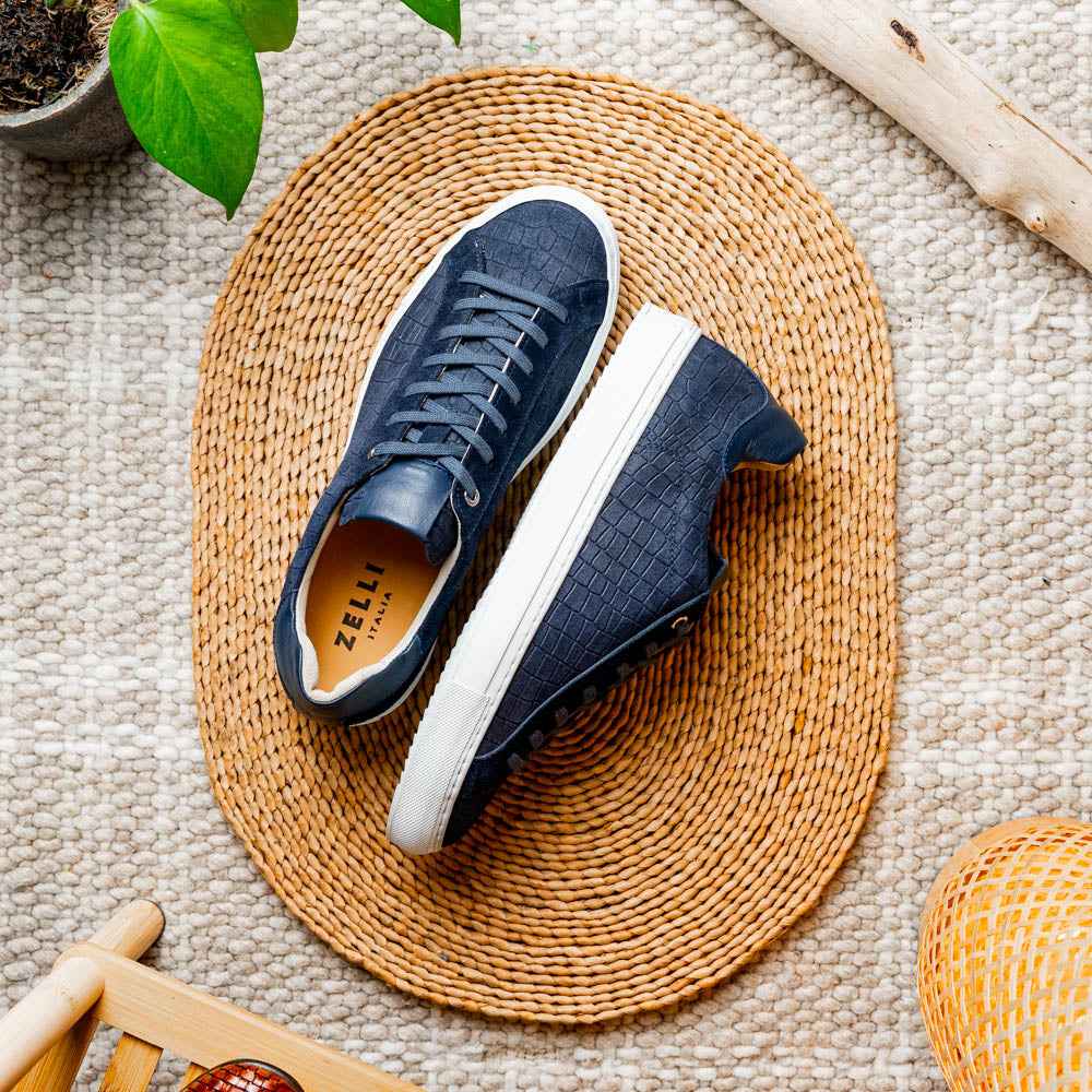 66-266-NVY KOBE Crocodile Embossed Italian Sueded Goatskin Sneakers Navy