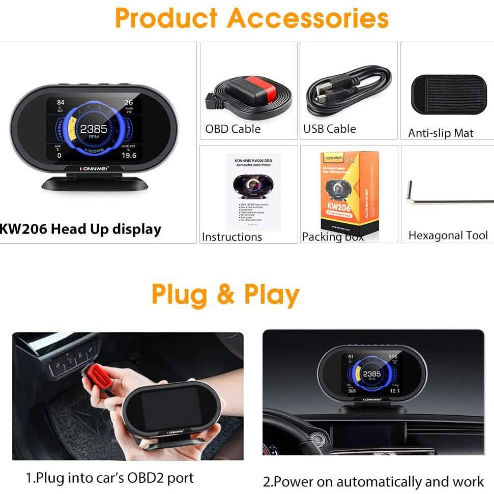KONNWEI KW206 Car OBD2 HUD Digital Meter RPM Gauge DailySale