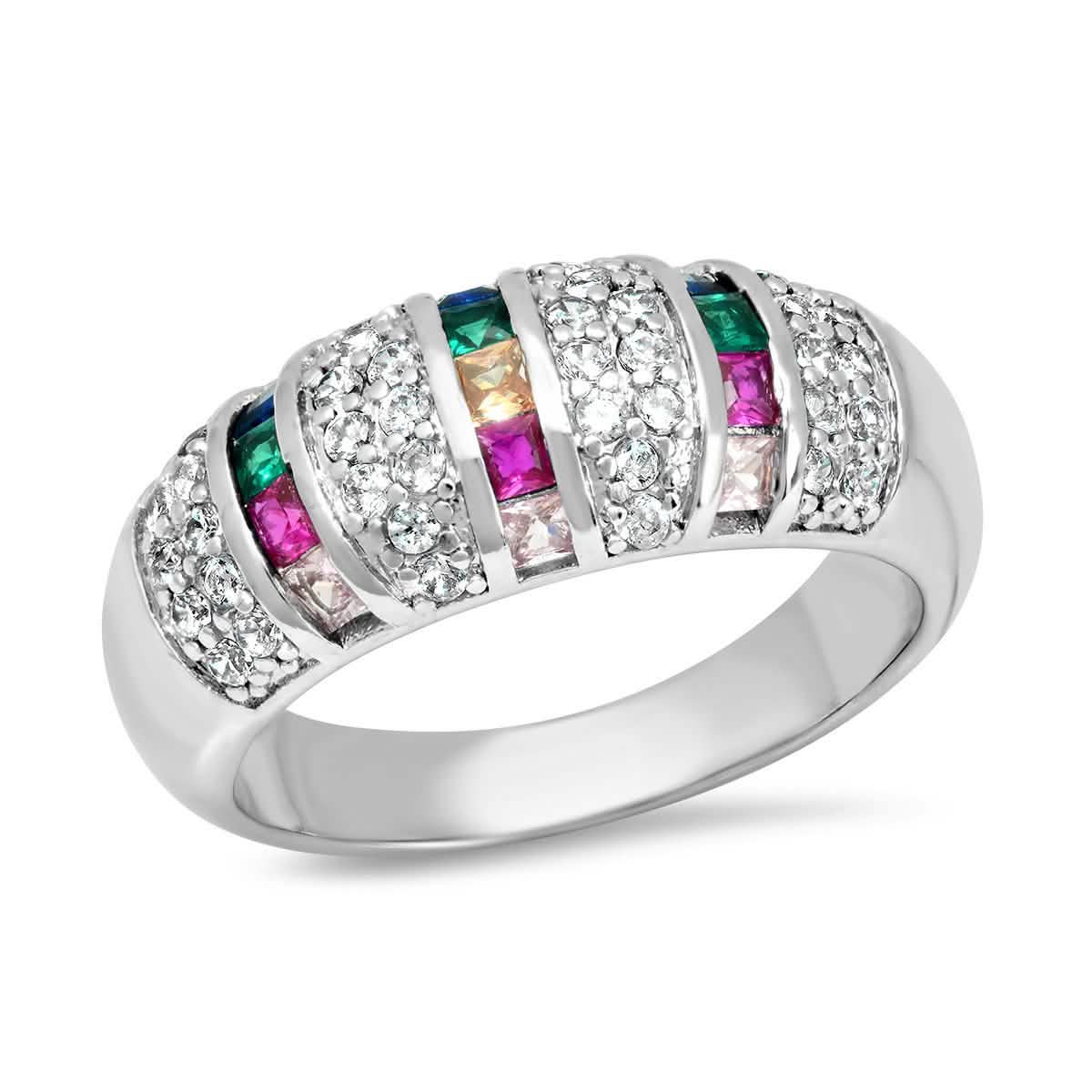 Ladies 18K White Gold Plated Brass Simulated Multi Colored Diamond Ring DailySale