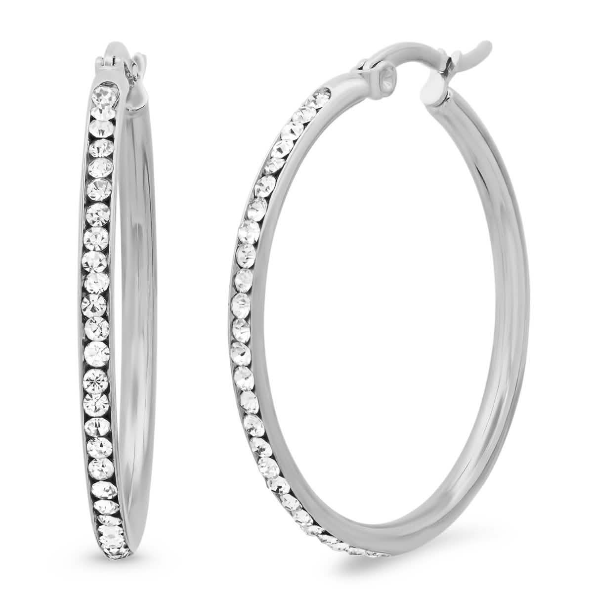 Ladies Stainless Steel And Simulated Diamonds Hoop Earrings DailySale