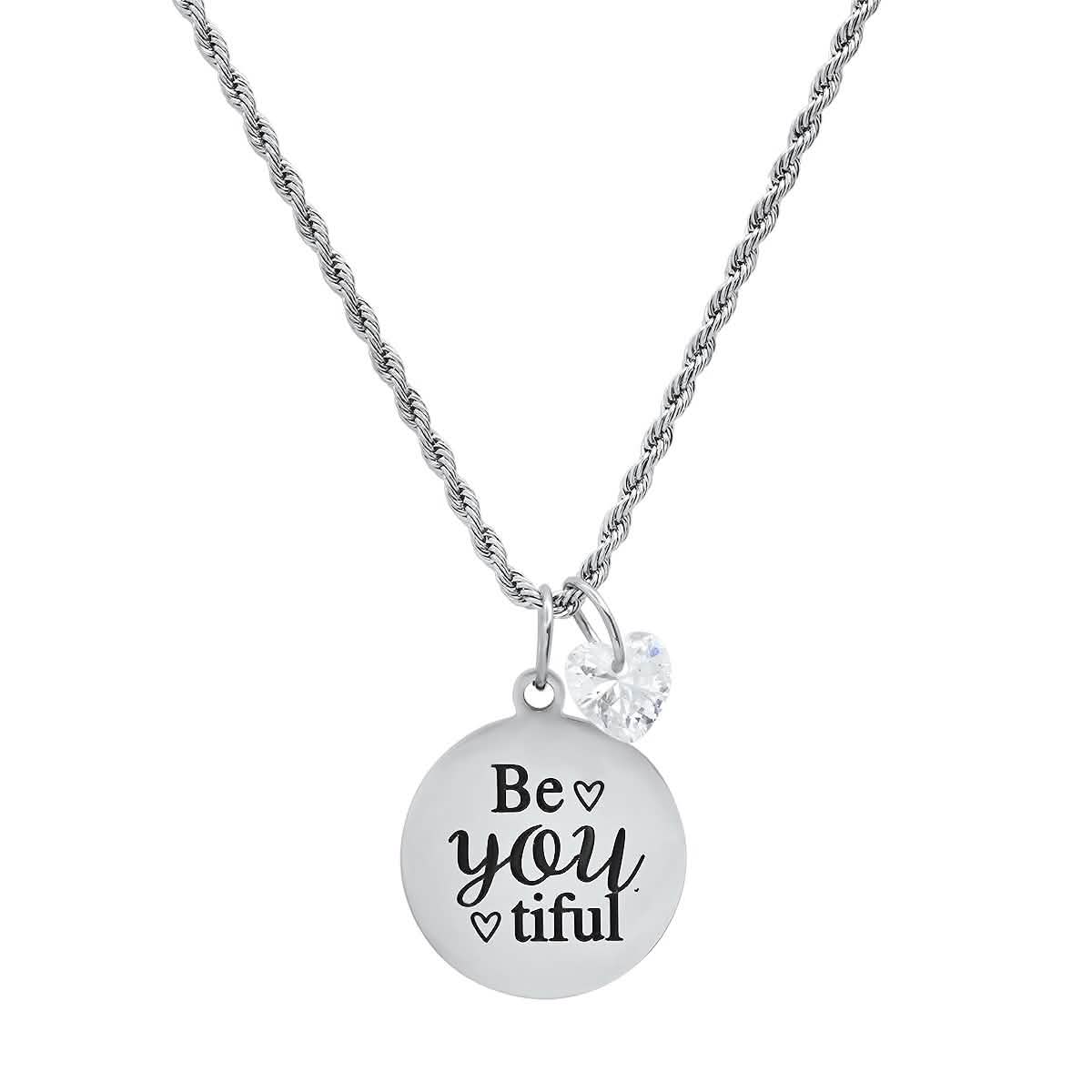 Ladies Stainless Steel Be You Tiful Round Pendant Adorned with Heart Shaped Swarovski Crystal Charm DailySale