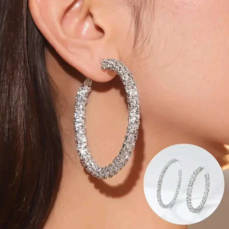 Large Full Rhinestone Silver Hoop Earrings DailySale