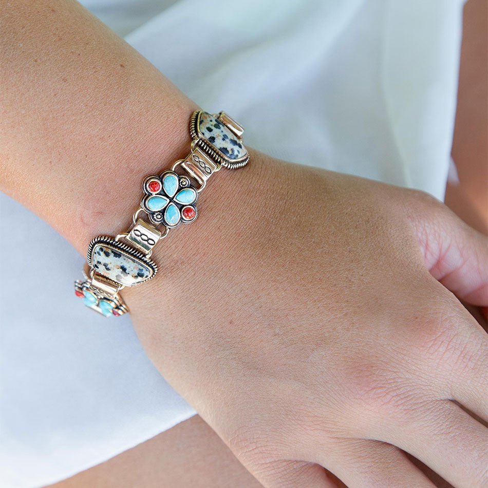 Legacy Blue Turquoise and Dalmatian Jasper Golden Bracelet Barse Jewelry