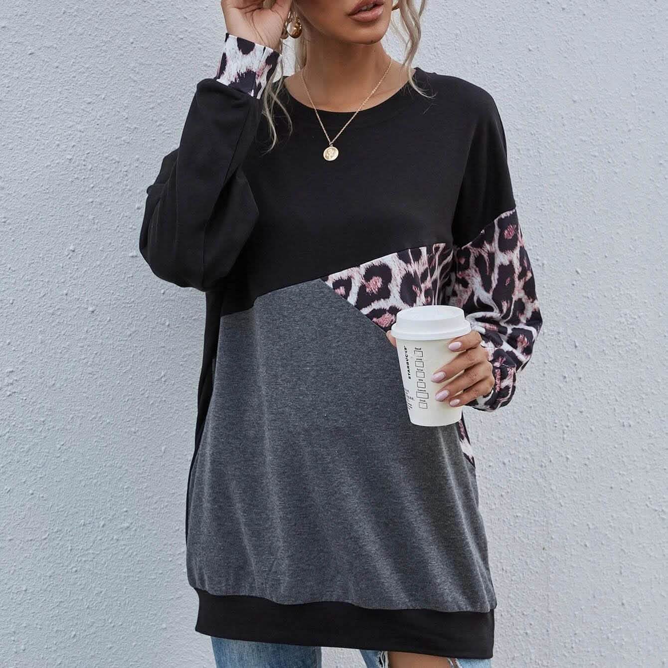Leopard Print Colorblock Drop Shoulder Sweatshirt DailySale