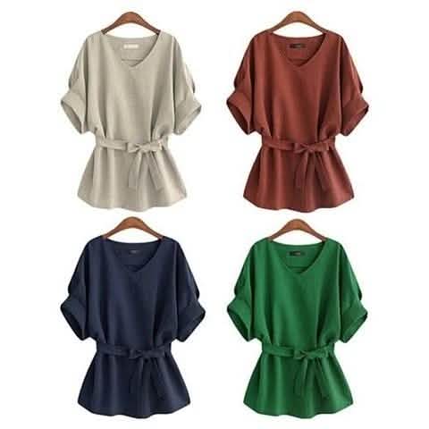 Linen-Blend Loose-Cut Casual Short Sleeve Top with Belt DailySale
