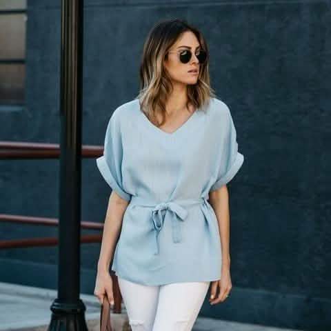 Linen-Blend Loose-Cut Casual Short Sleeve Top with Belt DailySale