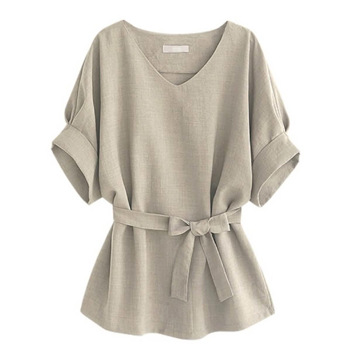 Linen-Blend Loose-Cut Casual Short Sleeve Top with Belt DailySale