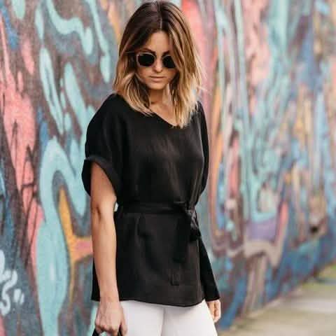 Linen-Blend Loose-Cut Casual Short Sleeve Top with Belt DailySale