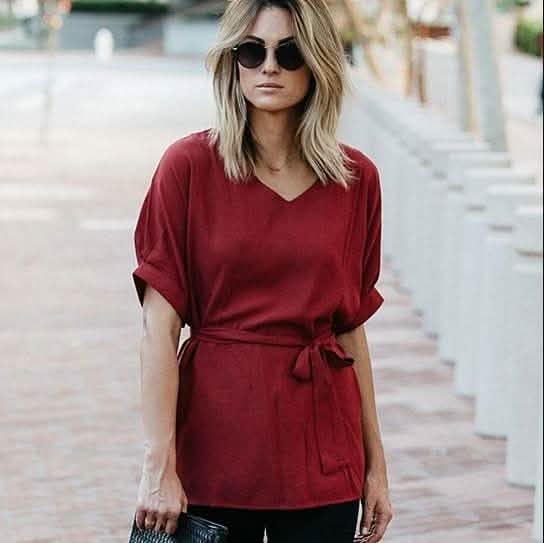 Linen-Blend Loose-Cut Casual Short Sleeve Top with Belt DailySale