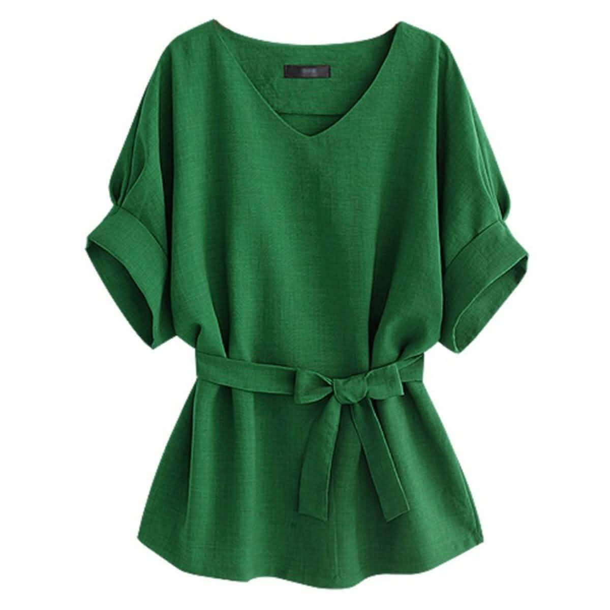 Linen-Blend Loose-Cut Casual Short Sleeve Top with Belt DailySale
