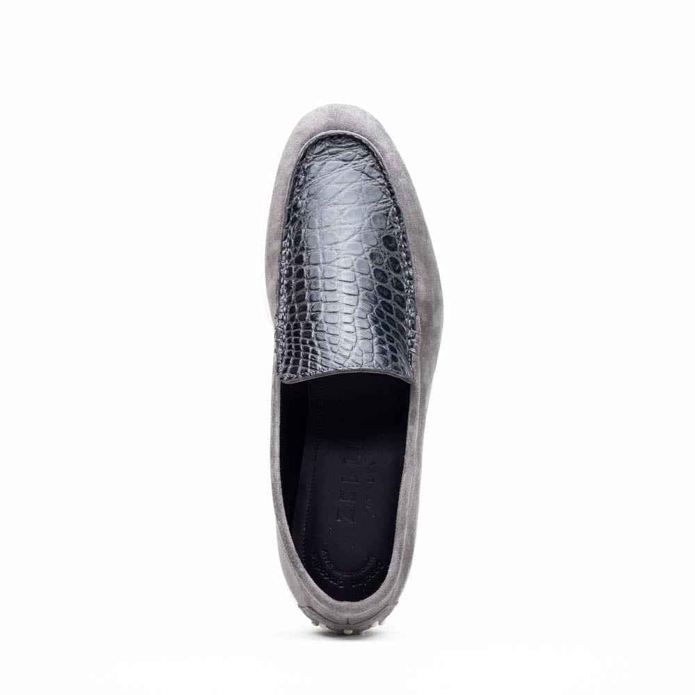 11-603-GRY BENE Sueded Italian Goatskin & Crocodile Loafer Grey
