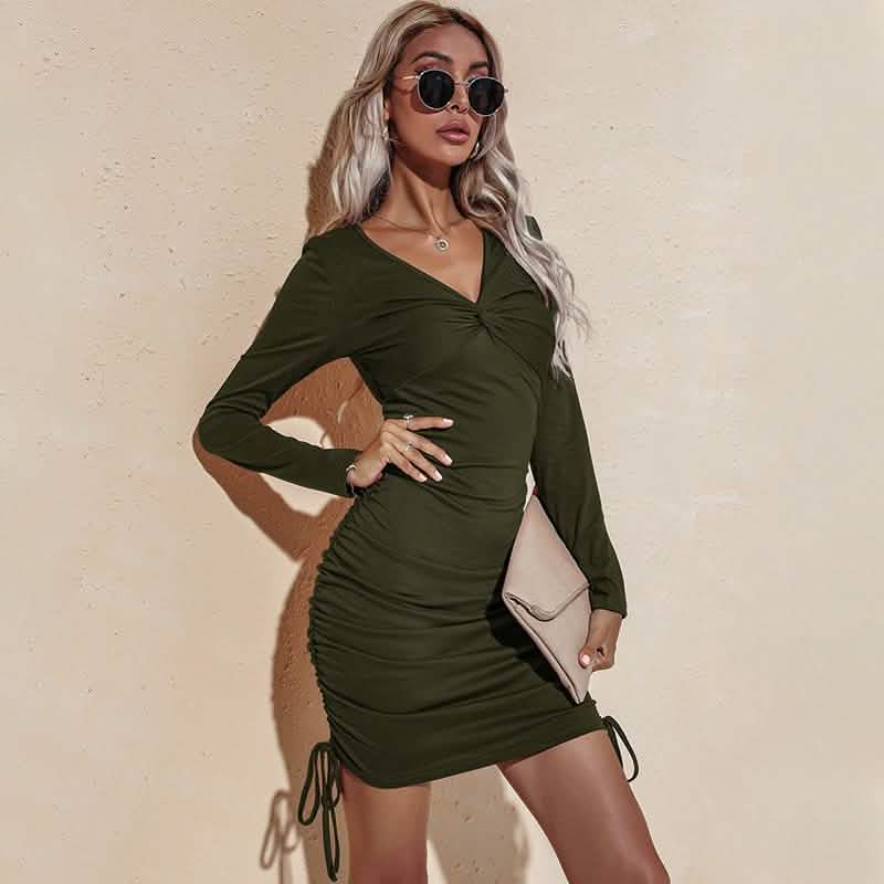 Long Sleeve Deep Sexy Long Sleeve Slim Elastic Bodycon Shirring Mini Dresses DailySale