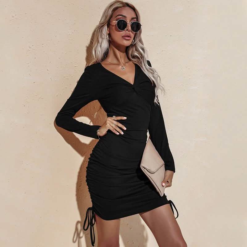 Long Sleeve Deep Sexy Long Sleeve Slim Elastic Bodycon Shirring Mini Dresses DailySale