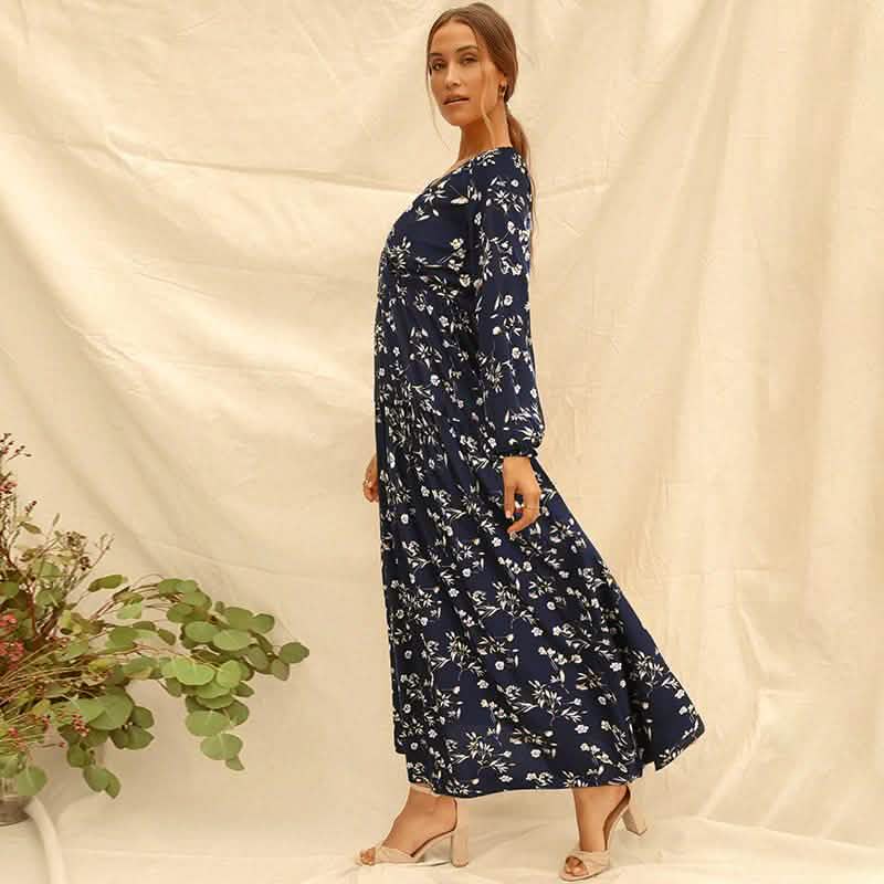 Long Sleeve Fashion Casual High Waist Maxi Dress Slim Floral Print V Neck DailySale