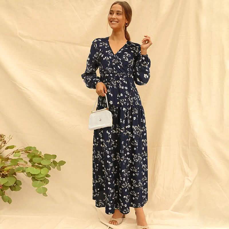 Long Sleeve Fashion Casual High Waist Maxi Dress Slim Floral Print V Neck DailySale