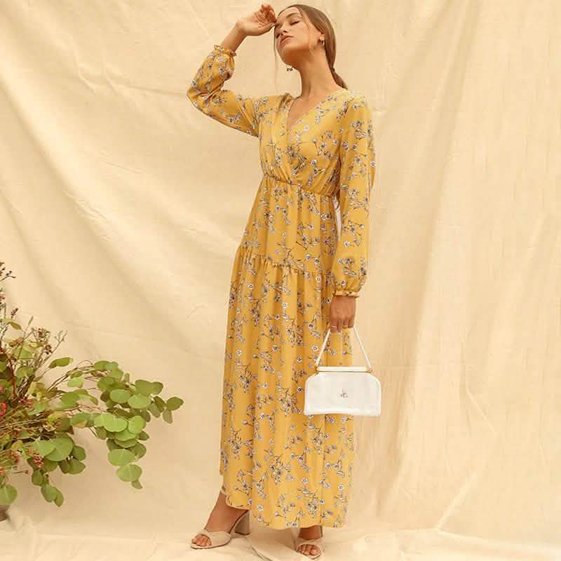 Long Sleeve Fashion Casual High Waist Maxi Dress Slim Floral Print V Neck DailySale