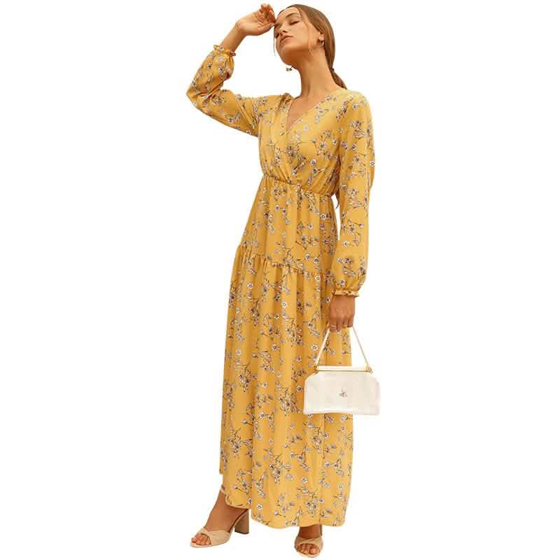 Long Sleeve Fashion Casual High Waist Maxi Dress Slim Floral Print V Neck DailySale