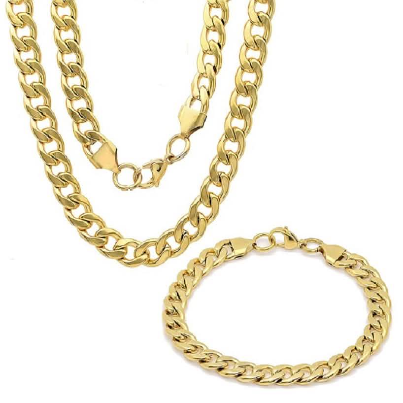 Men's 18k Gold Plated Stainless Steel Cuban Link Chain Bracelet and Necklace Set DailySale