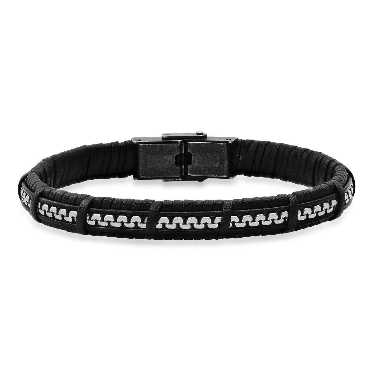 Men's Black Braided Leather and Inlay Stainless Steel Box Chain Bracelet DailySale