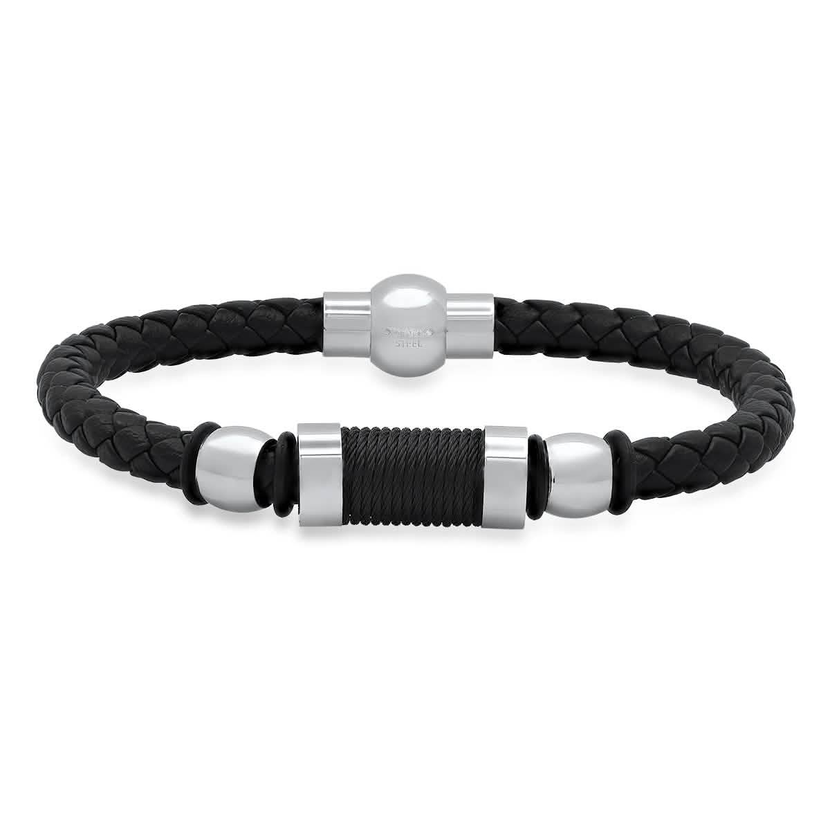 Men's Black Braided Leather, Black Threat and Stainless Steel Bracelet DailySale