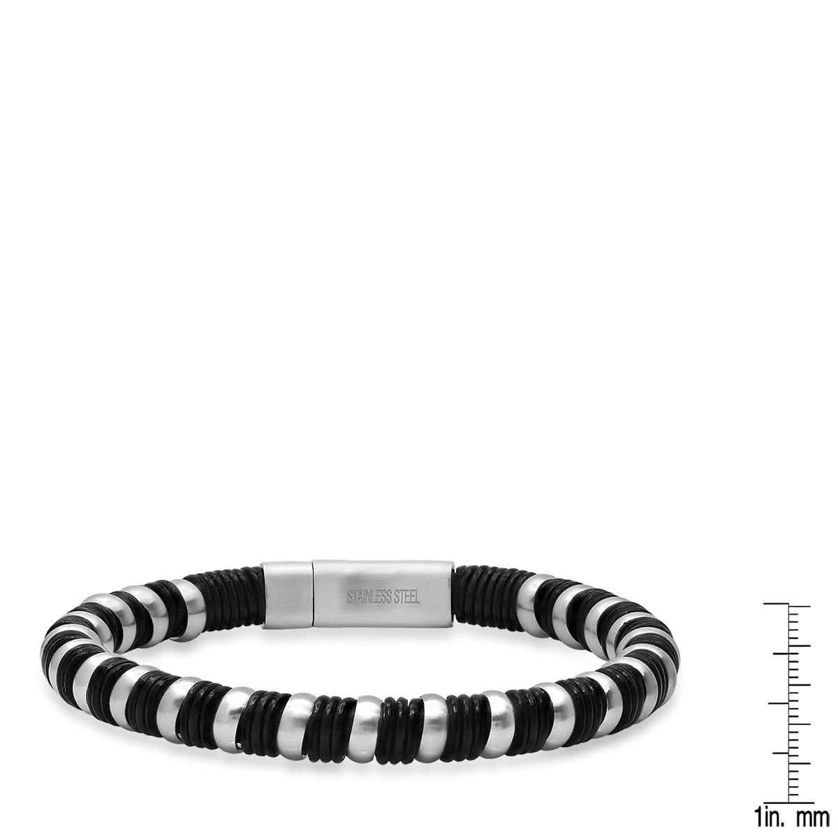 Men's Black Leather and Stainless Steel Braided Bracelet DailySale