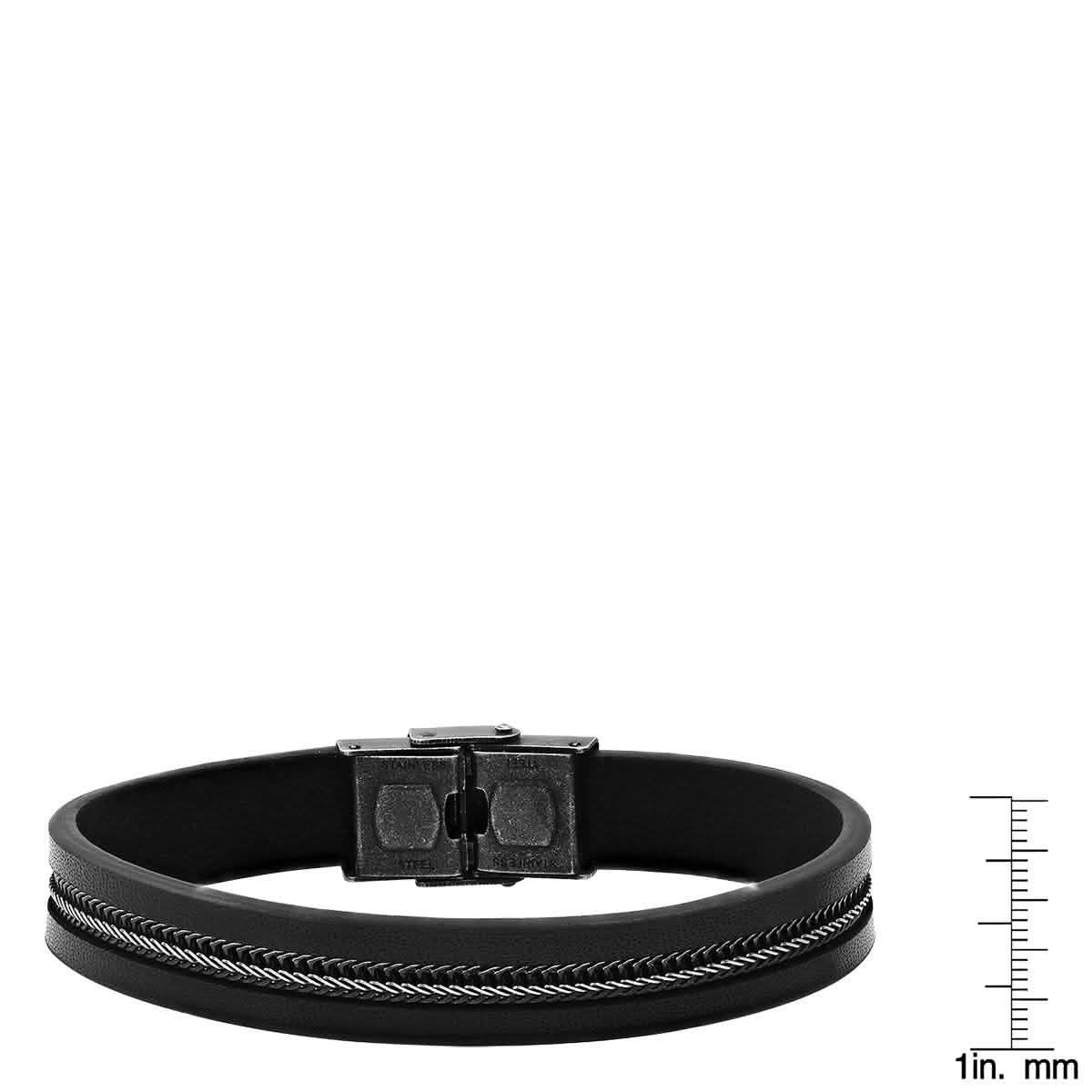 Men's Black Leather and Two Tone Black IP & Stainless Steel Inlay Wheat Chain Bracelet DailySale