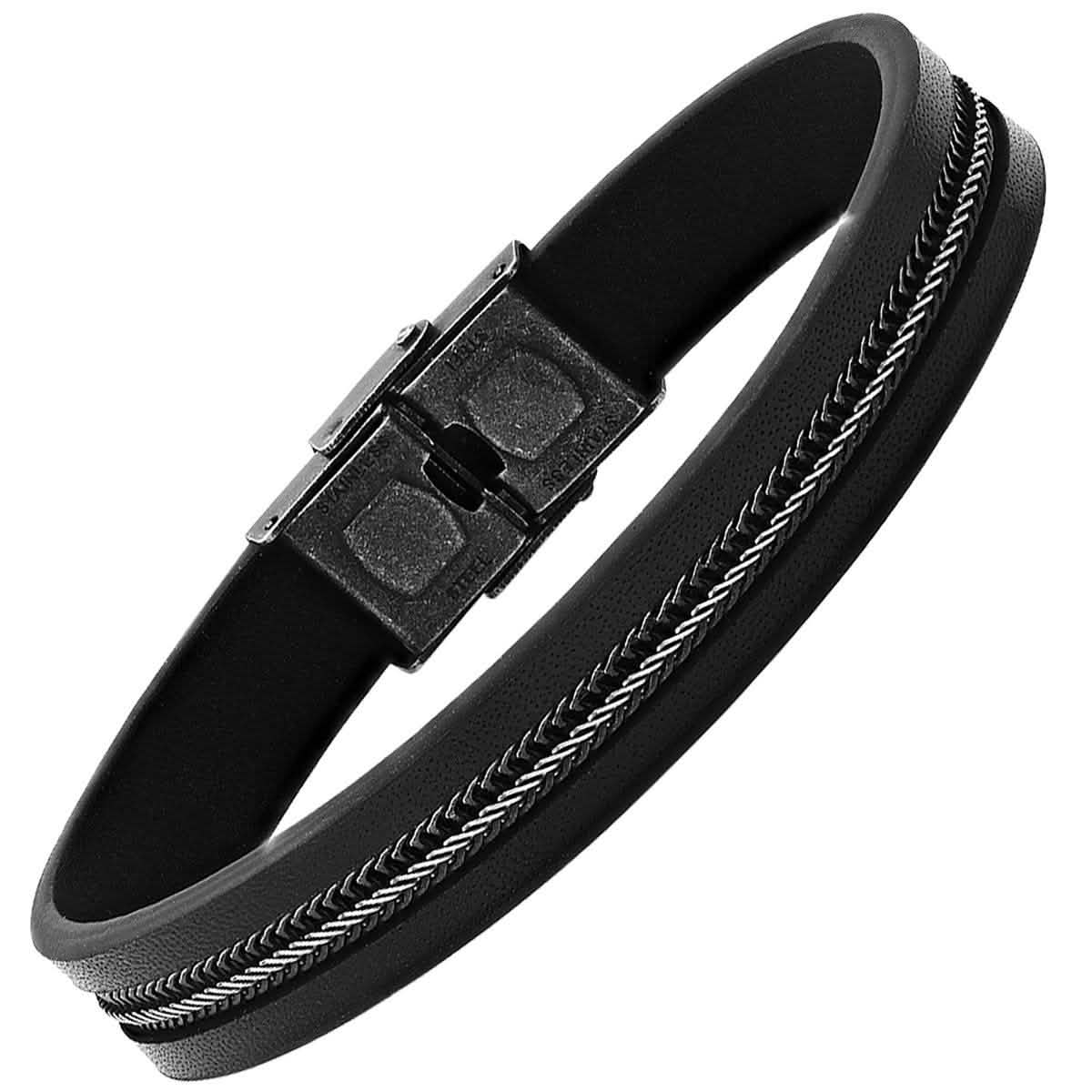 Men's Black Leather and Two Tone Black IP & Stainless Steel Inlay Wheat Chain Bracelet DailySale