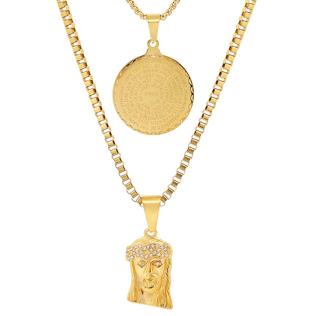 Men's Box Chain Double Row Pendant and Jesus Head Necklace DailySale
