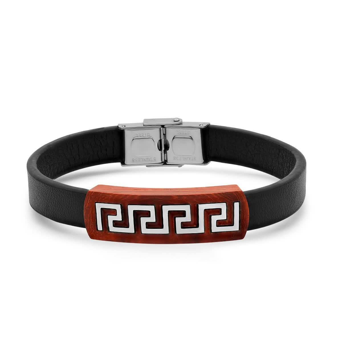 Men's Brown Leather Wood and Stainless Steel Greek Key Accents ID Bracelet DailySale