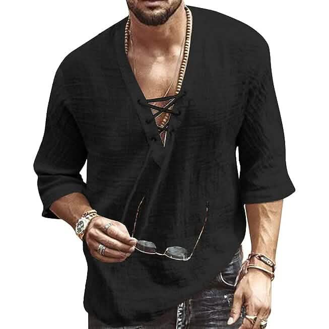 Men's Fashion Shirt Short Sleeve Beach V-Neck Drawstring DailySale
