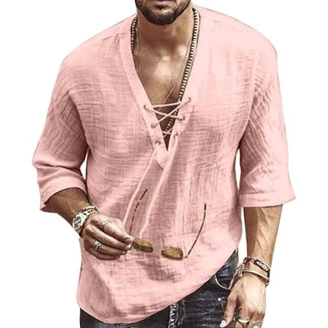 Men's Fashion Shirt Short Sleeve Beach V-Neck Drawstring DailySale