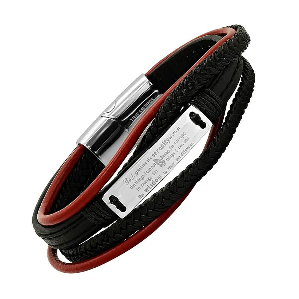 Men's Layered Leather With Stainless Steel Serenetiy Prayer Id Bracelet DailySale