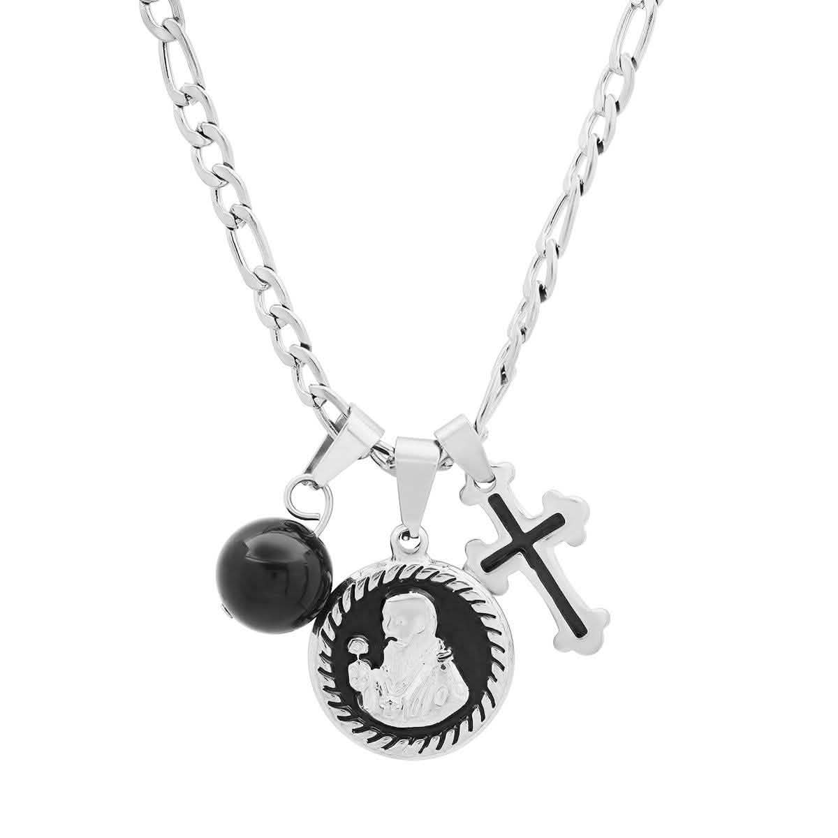 Men's Stainless Steel and Black Enamel St. Benedict, Black Ball and Cross Charm Pendant DailySale