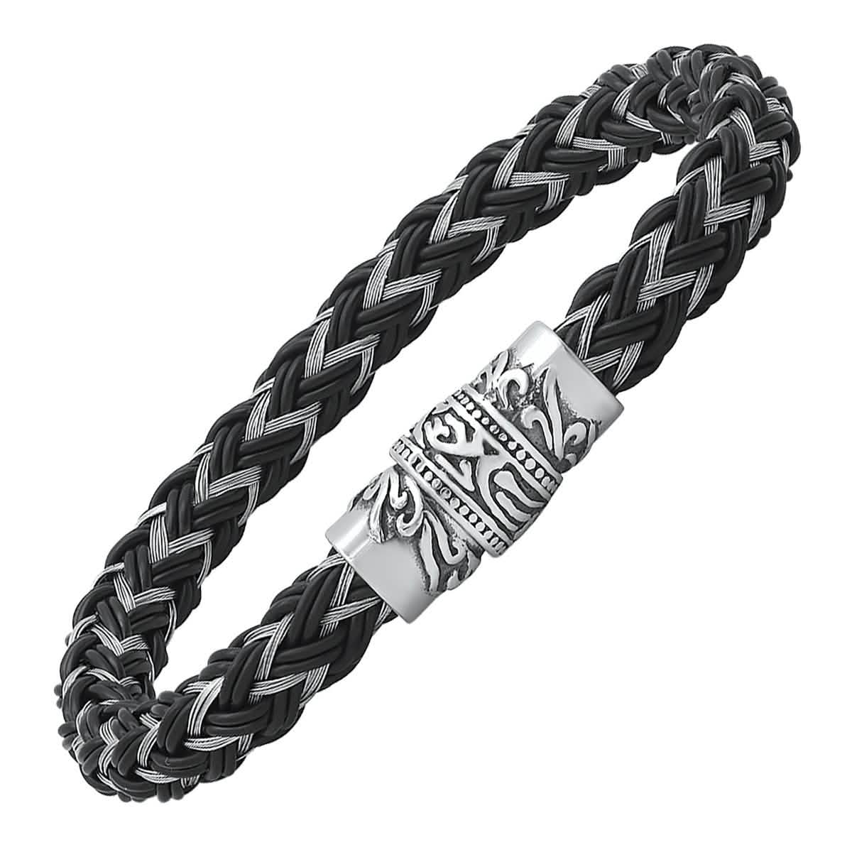 Men's Stainless Steel and Black Leather Braided Bracelet DailySale