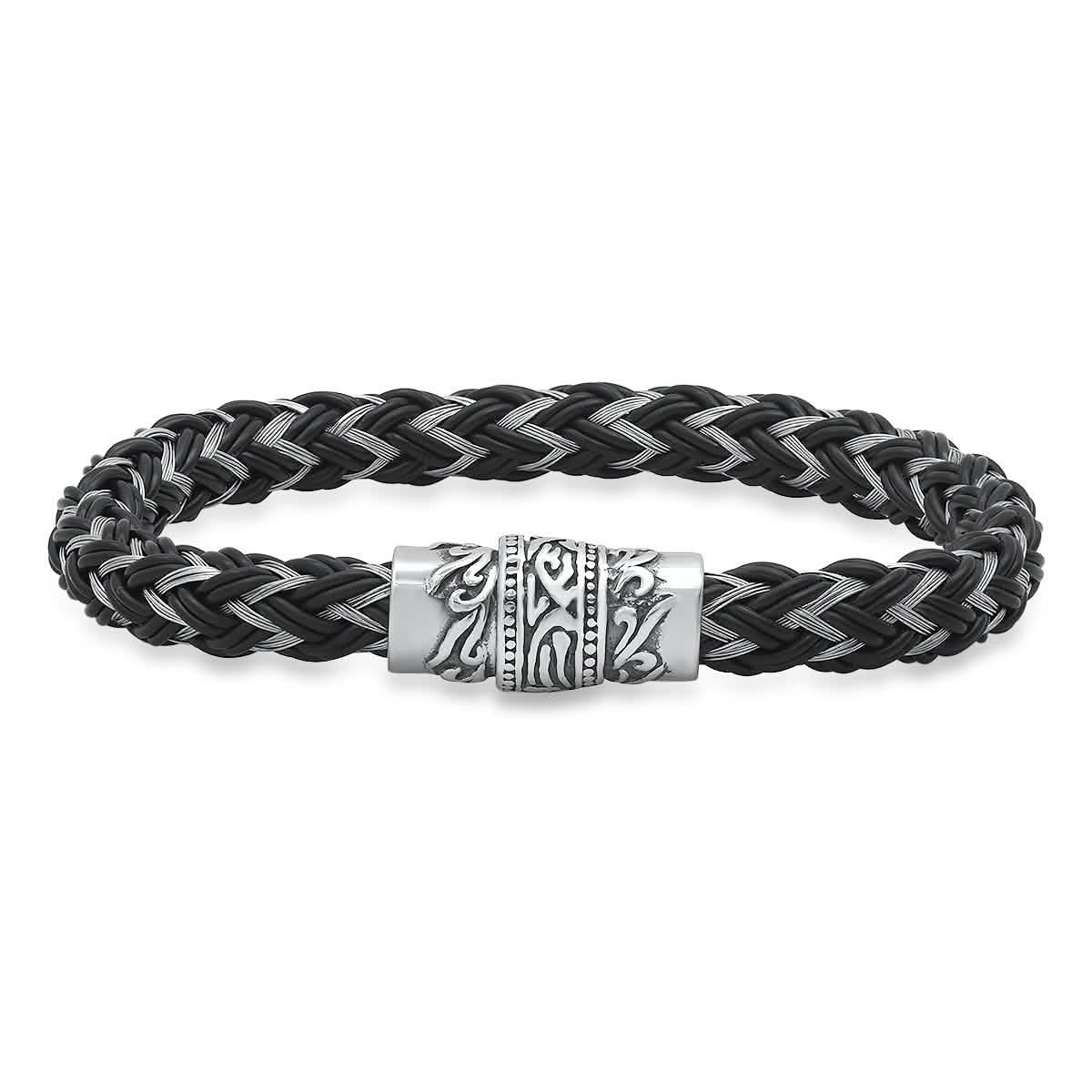 Men's Stainless Steel and Black Leather Braided Bracelet DailySale