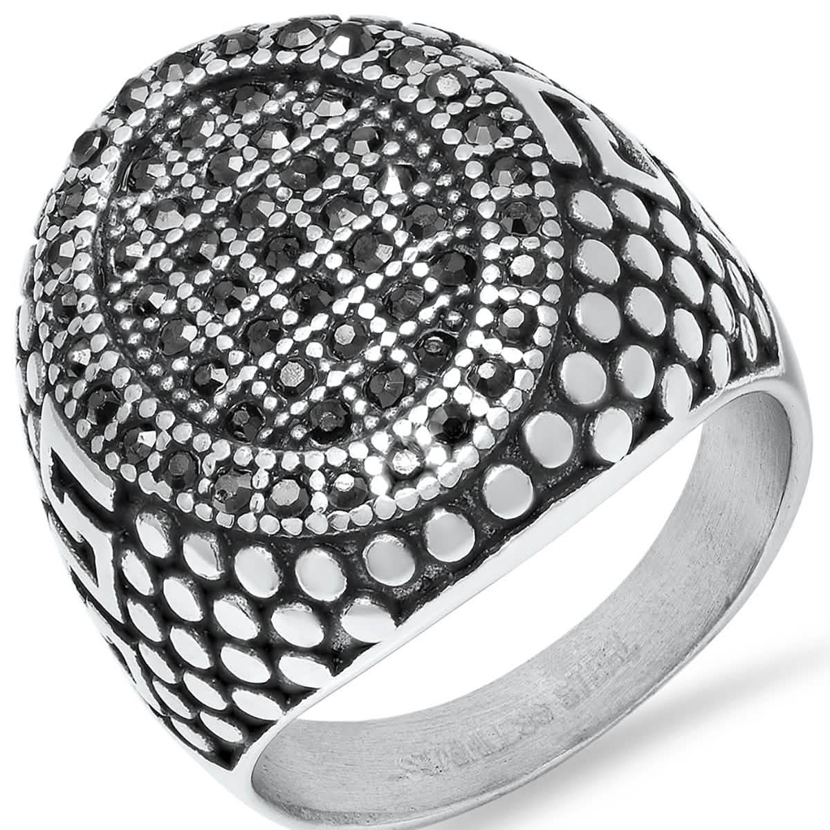 Men's Stainless Steel, Black IPand Gray CZ Pebble & Greek Key Accented Ring DailySale