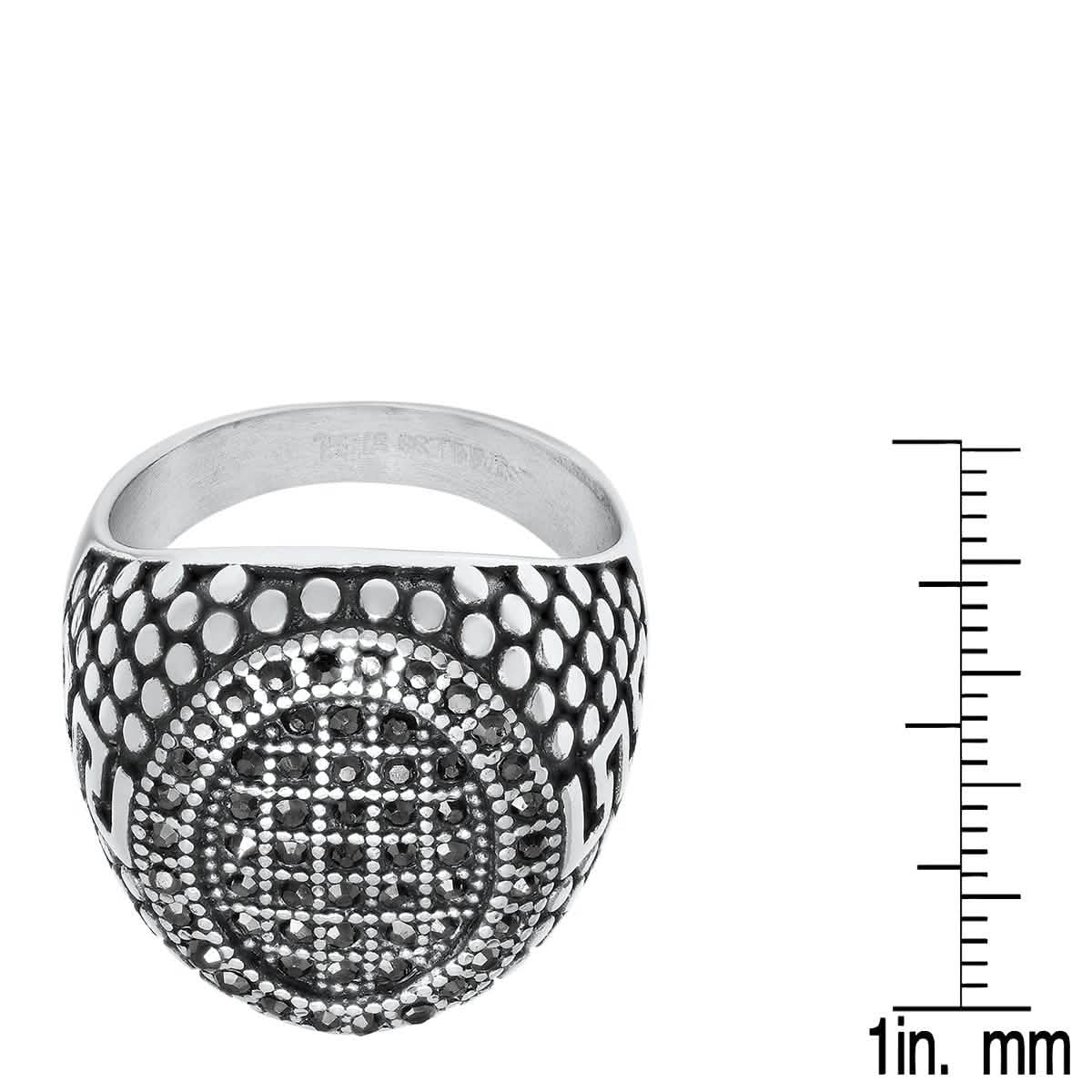 Men's Stainless Steel, Black IPand Gray CZ Pebble & Greek Key Accented Ring DailySale