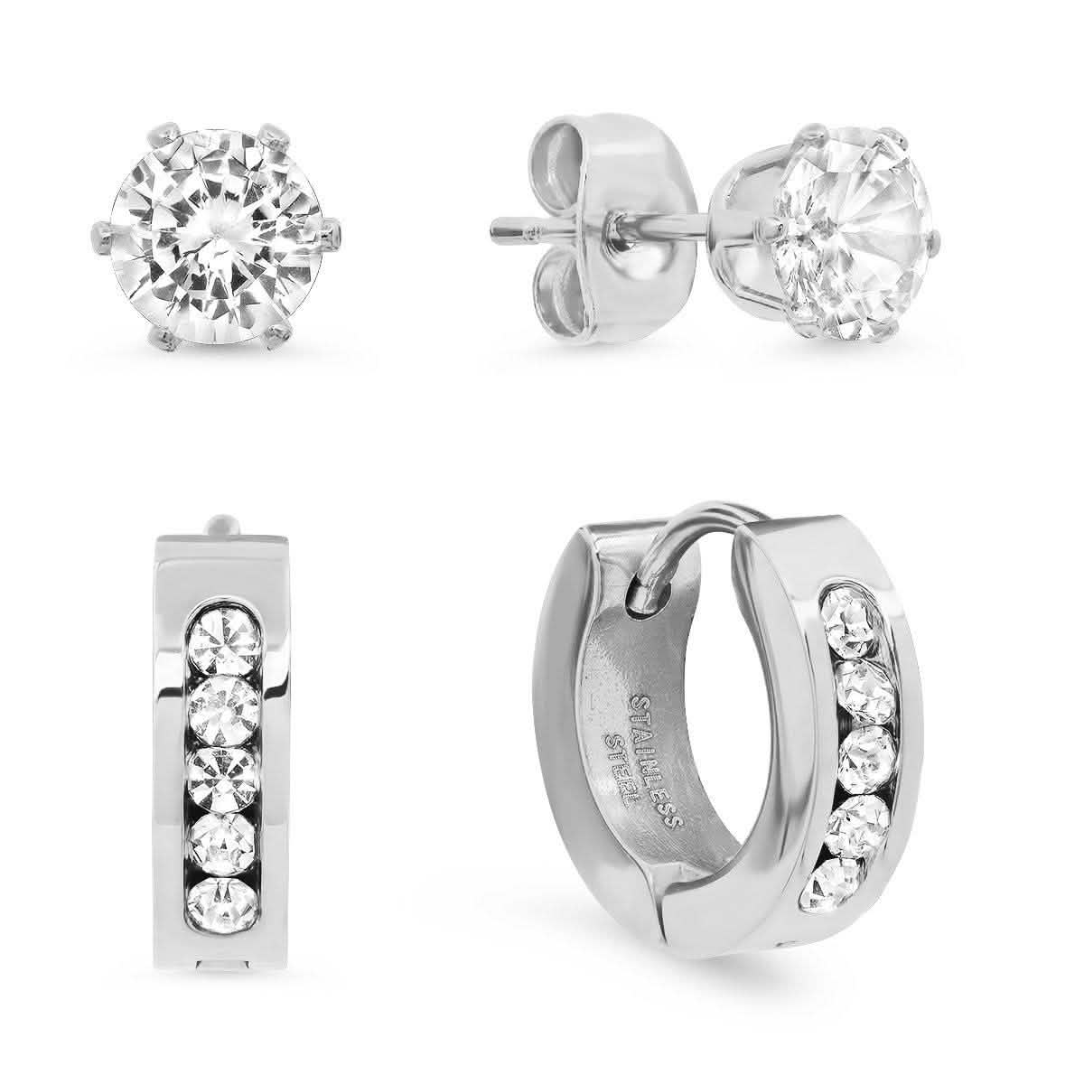 Men's Stainless Steel Simulated Diamond Huggie and Stud Earrings Set DailySale