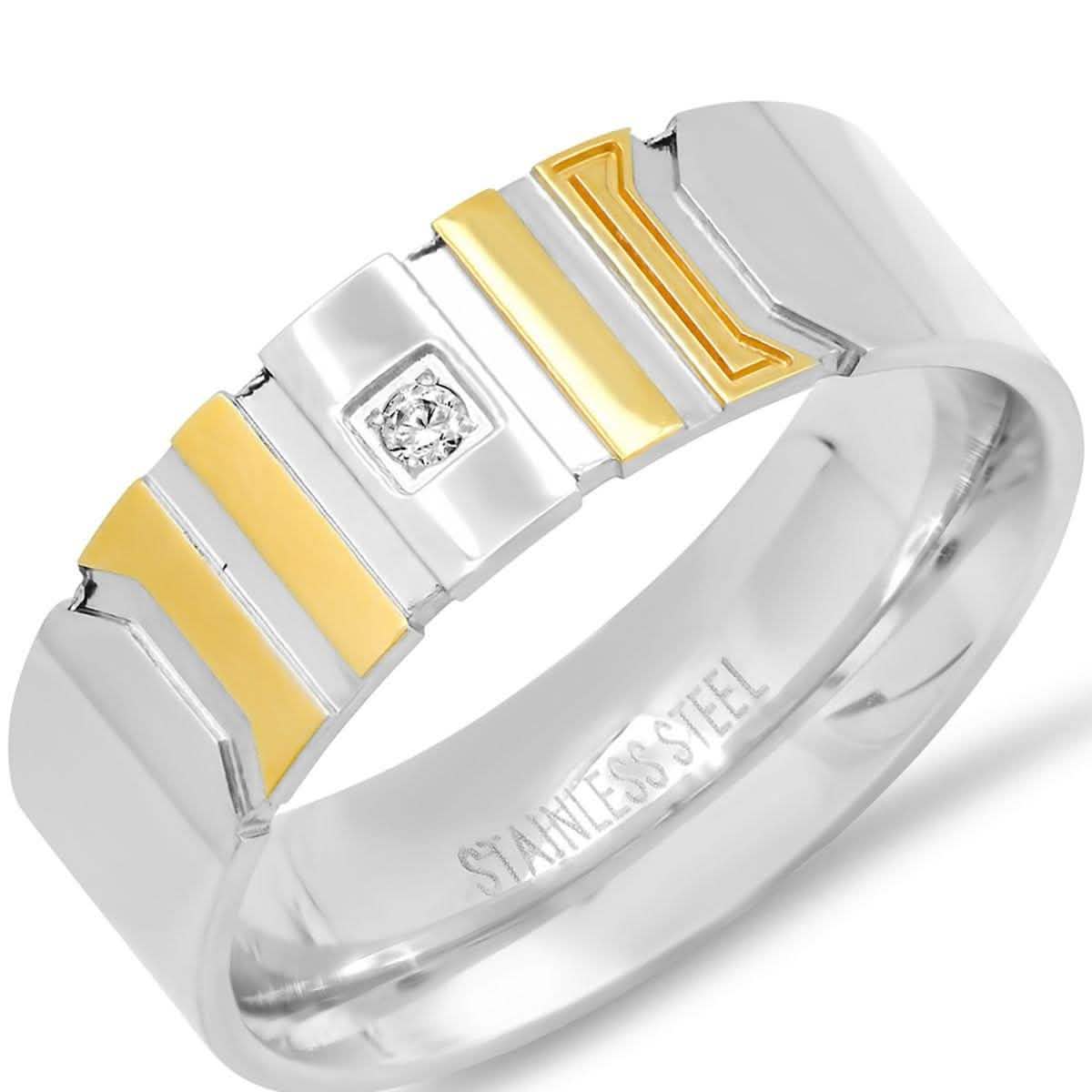 Men's Two-Tone Stainless Steel and 18K Gold Plated Ring with Simulated Center Diamond DailySale