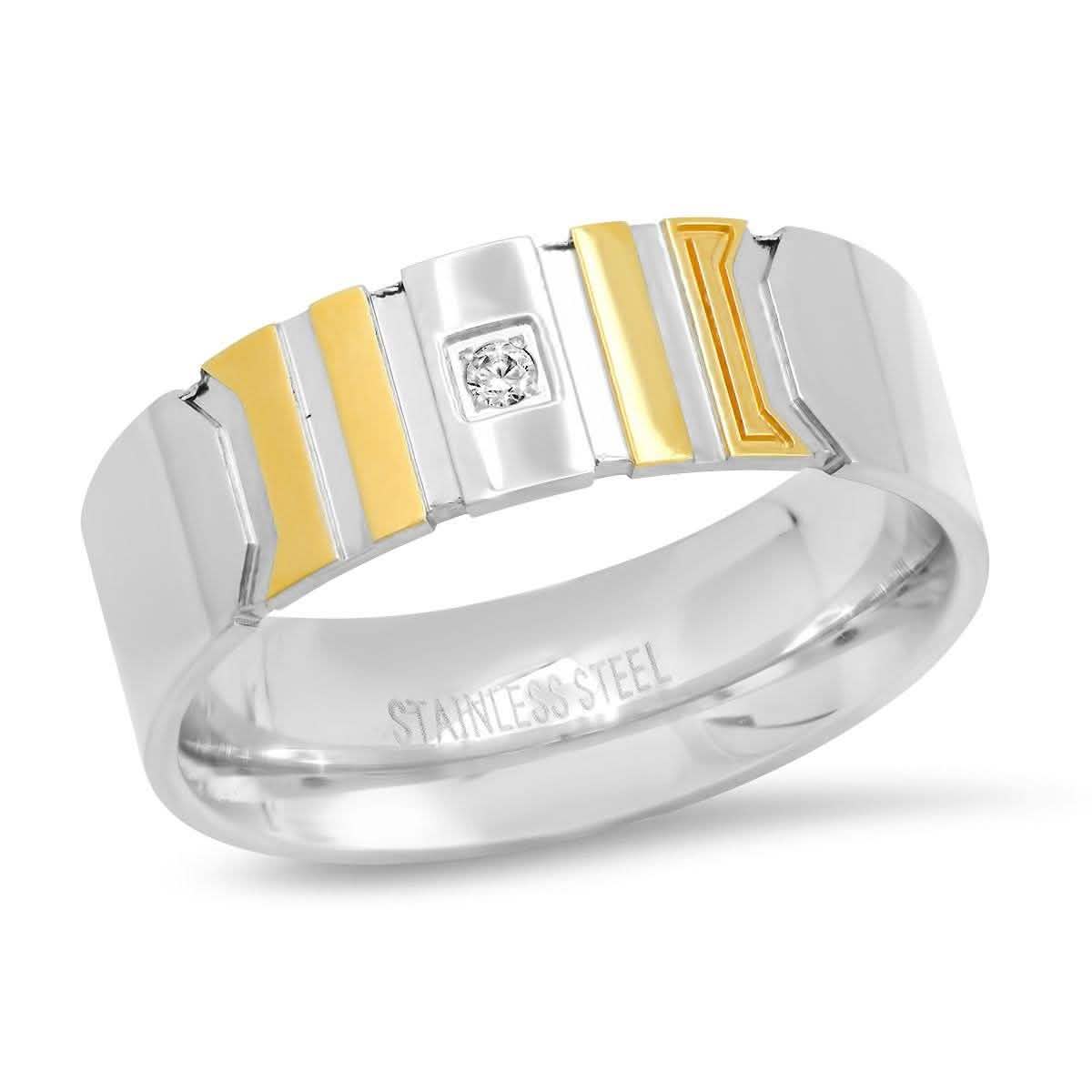 Men's Two-Tone Stainless Steel and 18K Gold Plated Ring with Simulated Center Diamond DailySale