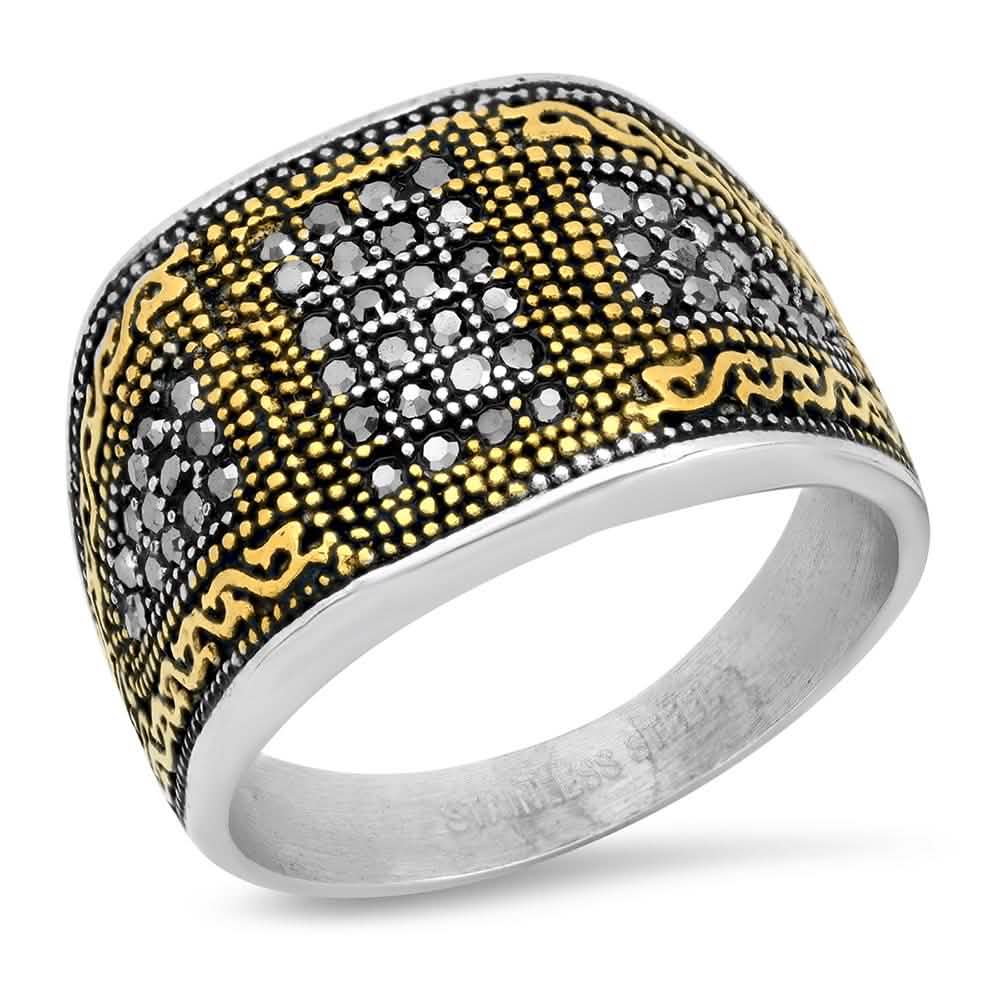 Men's Two Tone Stainless Steel And 18k Gold With Simulated Diamonds Ring DailySale